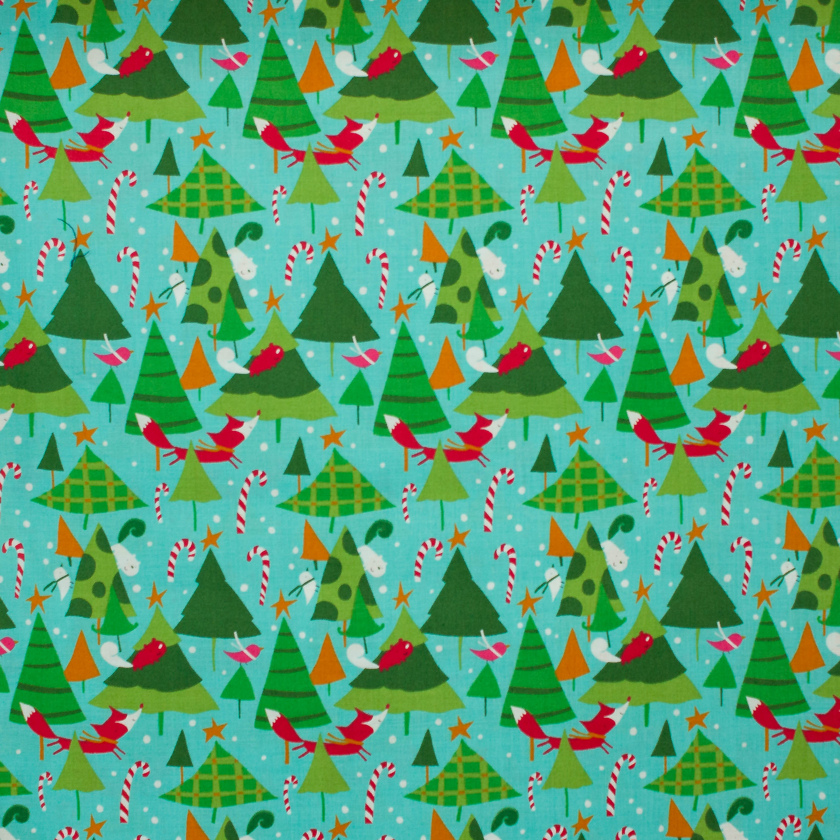 Katoen blauw met kerstbomen en vossen